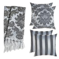 Kit 1 Manta e 4 Capas de Almofada em Tecido Jacquard Tradicional Preto Acinzentado e Prata