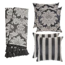 Kit 1 Manta e 4 Capas de Almofada em Tecido Jacquard Tradicional Preto e Cru