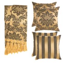 Kit 1 Manta e 4 Capas de Almofada em Tecido Jacquard Tradicional Preto e Dourado