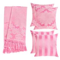 Kit 1 Manta e 4 Capas de Almofada em Tecido Jacquard Tradicional Rosa Bebê