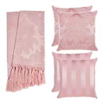Kit 1 Manta e 4 Capas de Almofada em Tecido Jacquard Tradicional Rosa Envelhecido