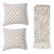 Kit 1 manta Rústica e 2 Capas de Almofada para Sofá Folhagem Geométrico Bege e Branco