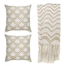 Kit 1 manta Rústica e 2 Capas de Almofada para Sofá Geométrico Bege e Branco