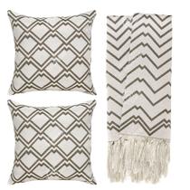 Kit 1 manta Rústica e 2 Capas de Almofada para Sofá Geométrico Cinza