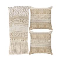 Kit 1 manta Rústica e 2 Capas de Almofada para Sofá Indiano Bege e Branco