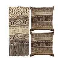 Kit 1 manta Rústica e 2 Capas de Almofada para Sofá Indiano Marrom e Bege