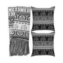 Kit 1 manta Rústica e 2 Capas de Almofada para Sofá Indiano Preto e Branco