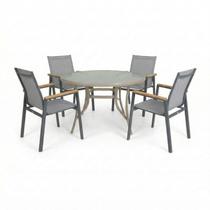 Kit 1 Mesa Arpoador Alumínio e Tampo em Vidro com 4 Cadeiras Angra em Aluminio e Tela Bege/Cinza Kit 1 Mesa Arpoador Alumínio e Tampo em Vidro com 4 Cadeiras Angra em Aluminio e Tela Bege/Cinza