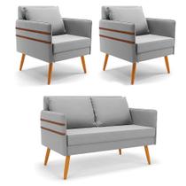 Kit 1 Namoradeira 02 Lugares e 2 Poltronas Mari Suede Cinza Pés Palito Castanho Kit 1 Namoradeira 02 Lugares e 2 Poltronas Mari Suede Cinza Pés Palito Castanho