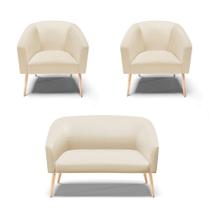 Kit 1 Namoradeira 2 Lugares E 2 Poltronas Bege Pés Palito