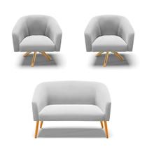 Kit 1 Namoradeira E 2 Poltronas Base Madeira Cinza Kit 1 Namoradeira E 2 Poltronas Base Madeira Cinza