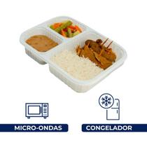 Kit 1 Pct Bandeja Retangular 3 Divisoes 900Ml RioPlastic 12Un Com Tampa