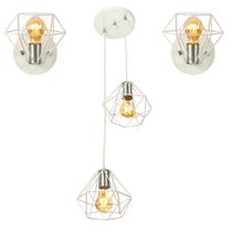 Kit 1 Pendente Duplo + 2 Arandelas Diamante Aramado Branco