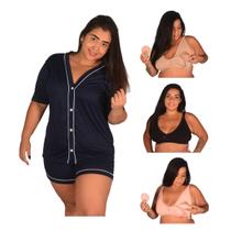 Kit 1 Pijama Americano PLUS SIZE Curto de Botão +3 Sutiãs Amamentação Algodão Reforçado Pós Parto Gestante Soutien Seios Grandes Feminino Amamentar