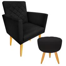 Kit 1 Poltrona Decorativa + Puff Maitê Estilo Matelassê Suede Preto