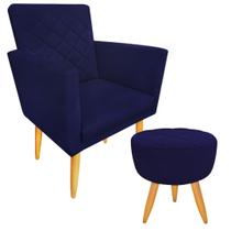 Kit 1 Poltrona Decorativa + Puff Maitê Matelassê Estilo Nina Suede Azul Marinho