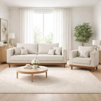 Kit 1 Poltrona Living + Sofá 3 Lugares Madeira Tecido Suede