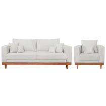 Kit 1 Poltrona Living + Sofá Reforçado Madeira Tecido Linho