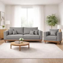 Kit 1 Poltrona Living + Sofá Reforçado Madeira Tecido Linho Kit 1 Poltrona Living + Sofá Reforçado Madeira Tecido Linho