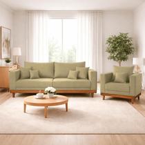 Kit 1 Poltrona Living + Sofá Reforçado Madeira Tecido Suede
