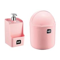 Kit 1 Porta Detergente + 1 Lixeira Uz Plastico Rosa Bebe