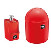 Kit 1 Porta Detergente + 1 Lixeira UZ Plastico Vermelho