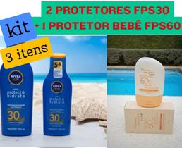 Kit 1 protetor Nivea 30FPS 200ml + 1 protetor 30FPS 100ml + 1 Protetor bebê 60FPS Natura 50ml