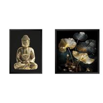 Kit 1 Quadro 60cm X 80cm e 1 Quadro 50cm X 50cm Folhas e Buda Fundo Preto Tropical Artes Preto