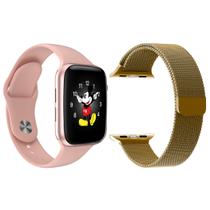 Kit 1 Relógio Inteligente SmartWatch LD5 Rosa Android iOS + 1 Pulseira Extra Milanese Marrom