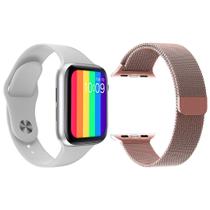 Kit 1 Relógio Inteligente SmartWatch W26 Tela Infinita Branco Android iOS + 1 Pulseira Extra Milanese Rosa