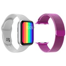 Kit 1 Relógio Inteligente SmartWatch W26 Tela Infinita Branco Android iOS + 1 Pulseira Extra Milanese Roxo