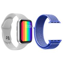 Kit 1 Relógio Inteligente SmartWatch W26 Tela Infinita Branco Android iOS + 1 Pulseira Nylon Azul