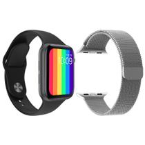 Kit 1 Relógio Inteligente SmartWatch W26 Tela Infinita Preto Android iOS + 1 Pulseira Extra Milanese Prata