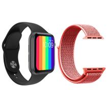 Kit 1 Relógio Inteligente SmartWatch W26 Tela Infinita Preto Android iOS + 1 Pulseira Nylon Rosa Shock