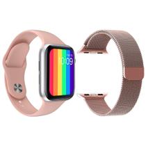 Kit 1 Relógio Inteligente SmartWatch W26 Tela Infinita Rosa Android iOS + 1 Pulseira Extra Milanese Rosa