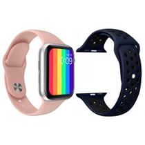 Kit 1 Relógio Inteligente SmartWatch W26 Tela Infinita Rosa Android iOS + 1 Pulseira Extra Sport Azul e Preto