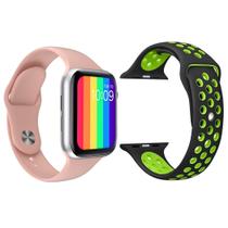 Kit 1 Relógio Inteligente SmartWatch W26 Tela Infinita Rosa Android iOS + 1 Pulseira Extra Sport Preto com Verde