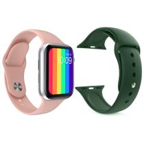 Kit 1 Relógio Inteligente SmartWatch W26 Tela Infinita Rosa Android iOS + 1 Pulseira Silicone Verde Escuro