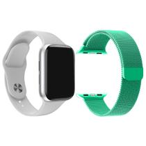 Kit 1 Relógio Inteligente SmartWatch W34 S Branco Android iOS + 1 Pulseira Extra Milanese Verde Água