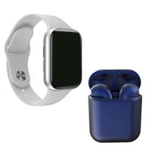 Kit 1 Relógio Inteligente SmartWatch W34 S Branco Troca Pulseira + 1 Fone Bt inPods i12 Azul Escuro