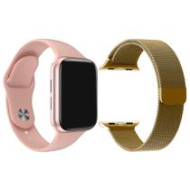 Kit 1 Relógio Inteligente SmartWatch W34 S Rosa Android iOS + 1 Pulseira Extra Milanese Marrom