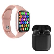 Kit 1 Relógio Inteligente SmartWatch W34 S Rosa Troca Pulseira + 1 Fone Bluetooth inPods i12 Preto