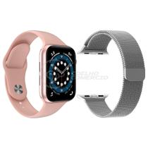 Kit 1 Relógio Inteligente SmartWatch W46 S Rosa Android iOS + 1 Pulseira Extra Aço Milanese Prata