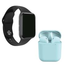 Kit 1 Relógio Inteligente SmartWatch w8 Lite Plus Preto + 1 Fone Bluetooth inPods i12 Azul Claro