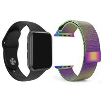 Kit 1 Relógio Inteligente SmartWatch W8 Lite Plus Preto + 1 Pulseira Extra Milanese Arco Íris