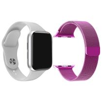 Kit 1 Relógio Inteligente SmartWatch W9 Lite Branco Android iOS + 1 Pulseira Extra Milanese Roxo