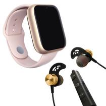 Kit 1 Relógio SmartWatch A1 Pro Plus Rosa + 1 Fone Bluetooth Magnético Dourado - 42mm Smart Bracelet