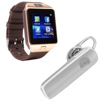 Kit 1 Relógio SmartWatch DZ09 Dourado + 1 Fone De Ouvido Bluetooth Headset Branco - Smart Bracelet