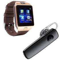 Kit 1 Relógio SmartWatch DZ09 Dourado + 1 Fone De Ouvido Bluetooth Headset Preto - Smart Bracelet