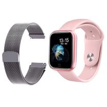 Kit 1 Relógio Smartwatch P70 Monitor de Saúde Rosa Android iOS + 1 Pulseira Milanesa Prata